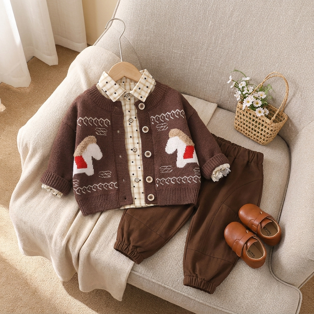 Brown boys horse-motif button-front knit cardigan layered over a light check shirt with matching Brown gathered-cuff trousers, displayed with Brown shoes.