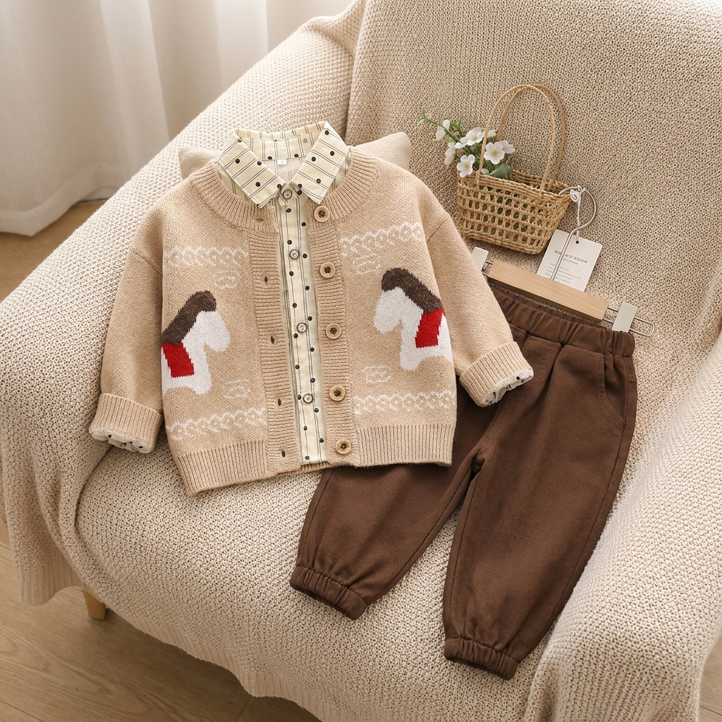 Light Brown boys horse knit cardigan, light patterned collared shirt and Brown cuffed trouser 3-piece set arranged on a textured chair.