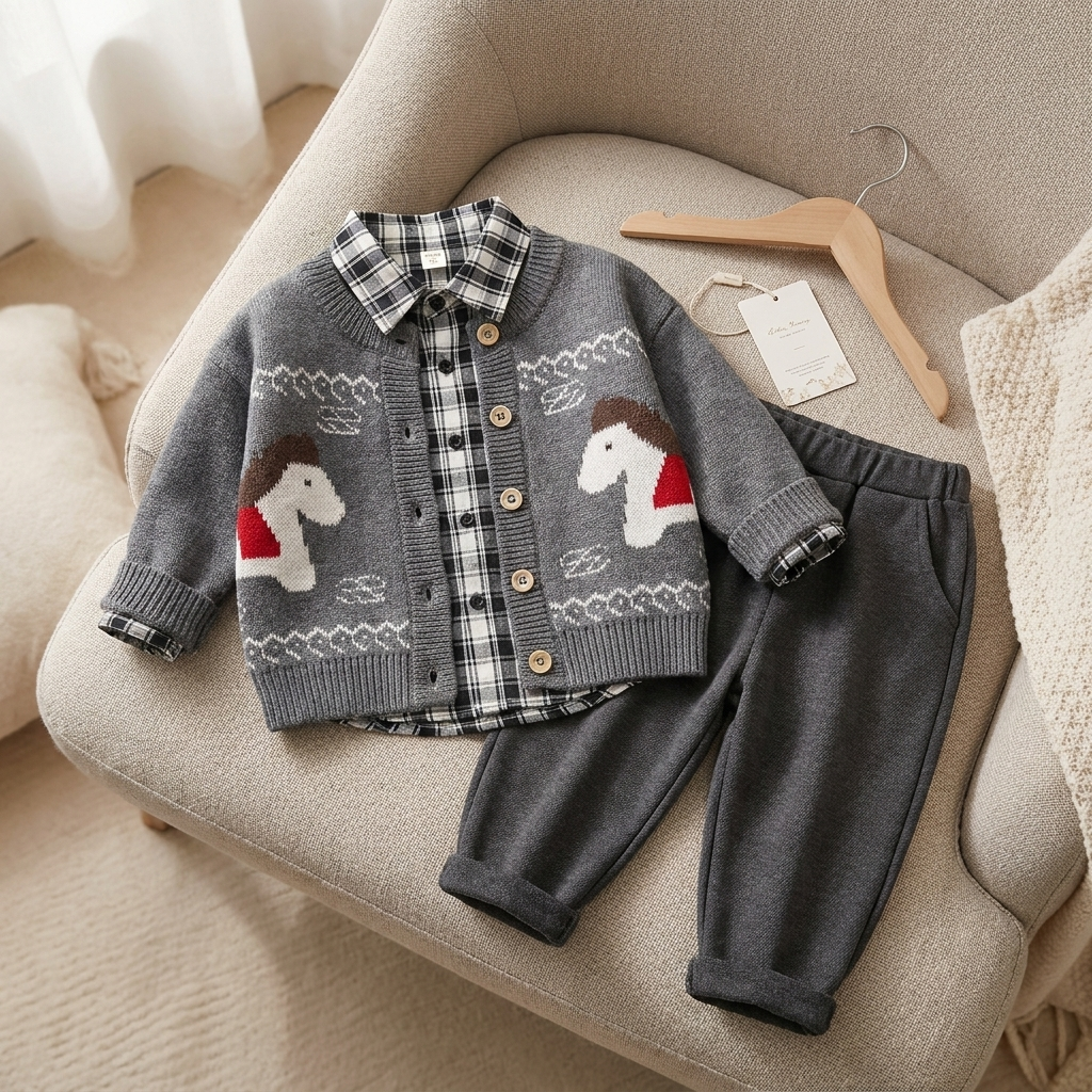 Grey boys 3-piece sweater suit displayed on a chair, featuring a horse-motif button-front knit cardigan over a Black-and-White check shirt with matching Grey cuffed trousers.