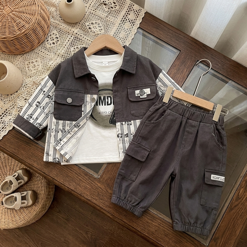 Grey boys 3-piece outfit laid flat on a table, showing the contrast-panel collared jacket, White graphic shirt and Grey cargo jogger trousers with flap pockets.