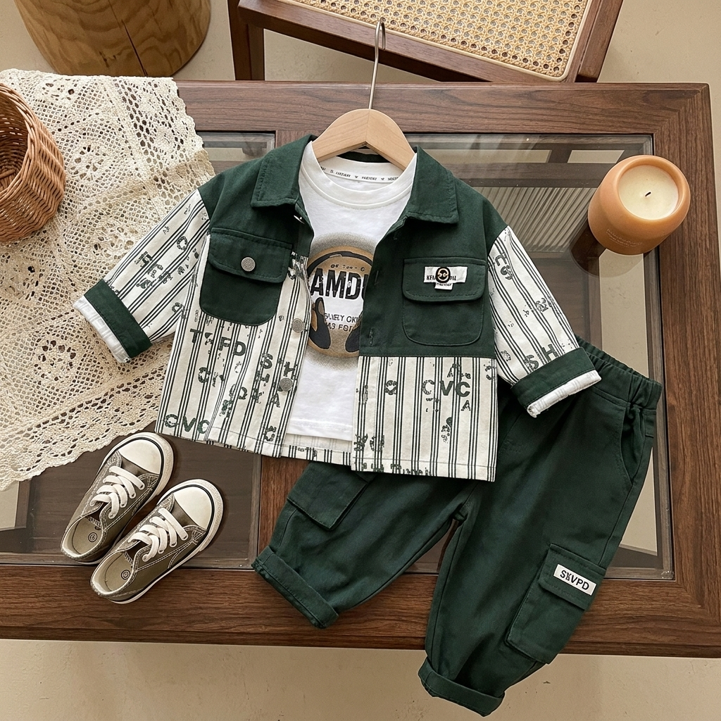 Green boys 3-piece outfit displayed flat, featuring a dark Green contrast-panel jacket with striped printed sleeves, White graphic shirt and matching cargo trousers.