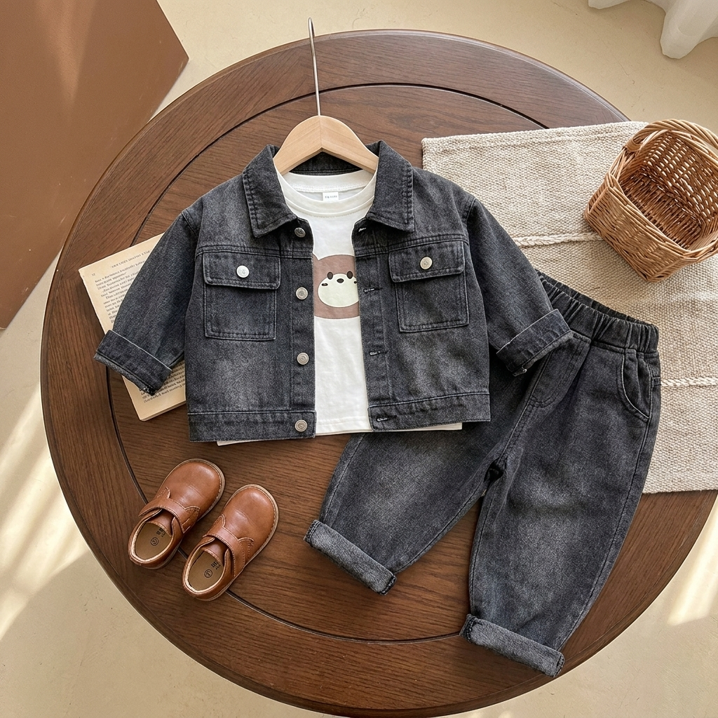 Flat-lay view of boys Black washed denim 3-piece suit with button-front jacket, White bear graphic shirt and matching cuffed denim-look pants.