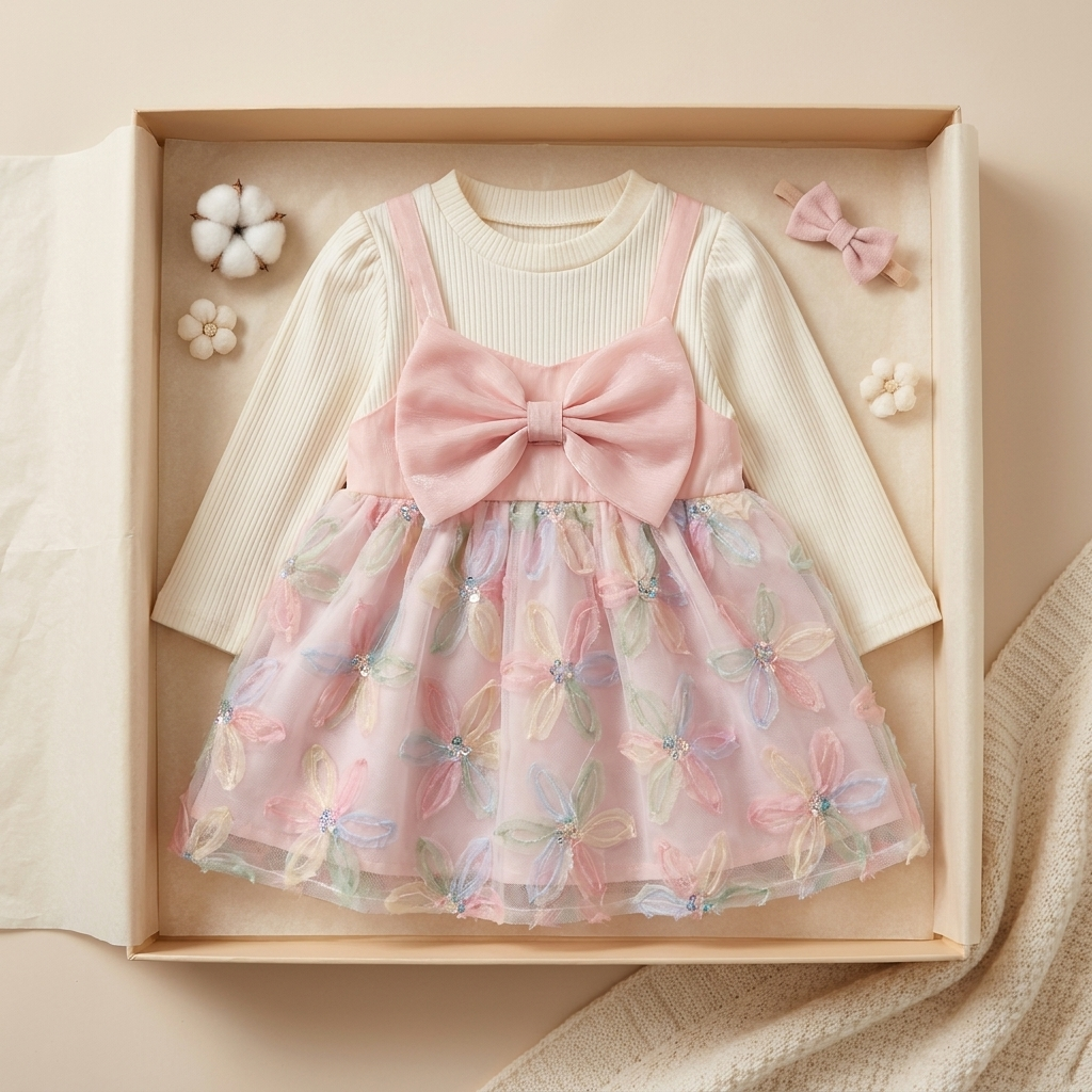 Pink girls pastel bow tulle frock presented in a gift box, featuring a Cream ribbed long-sleeve bodice, large Pink front bow and layered multicolour bow-detail skirt.