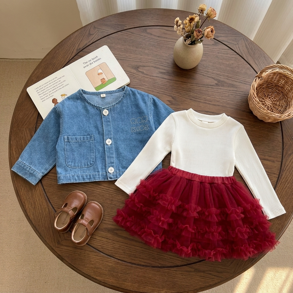 Blue denim-look button-front jacket with a White ribbed long-sleeve frock and deep Maroon layered ruffle tulle skirt, displayed flat on a round wooden table.