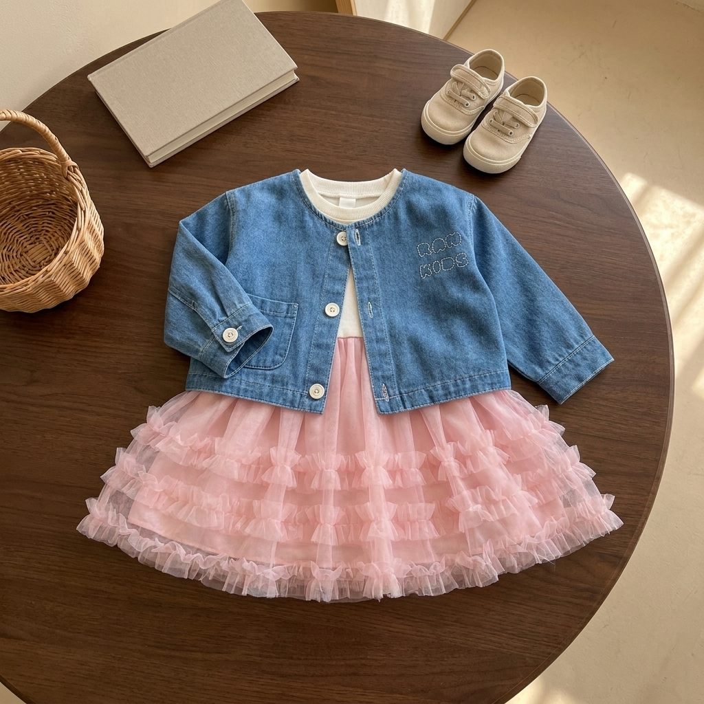 Pink layered ruffle tulle frock with White ribbed bodice, styled beneath a Blue denim-look jacket with front pocket and button fastening on a wooden table.