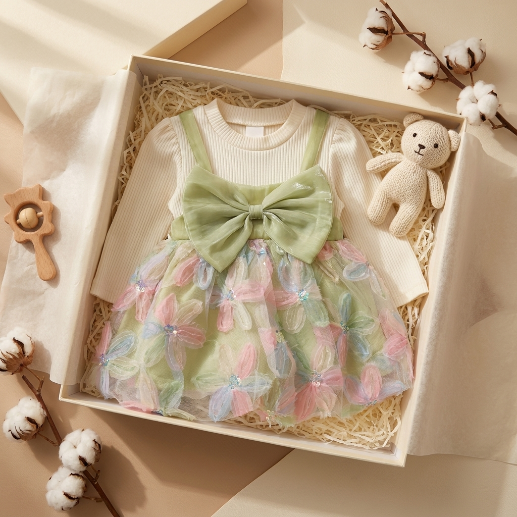 Green girls pastel bow tulle frock styled in a gift box with a teddy toy, showing the oversized Green bow, Cream ribbed upper and airy pastel tulle skirt.