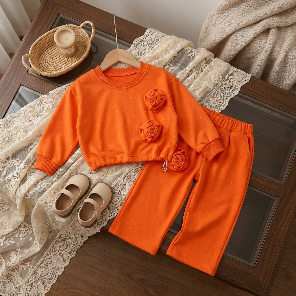 Orange girls two-piece sweatshirt and wide-leg trouser suit laid flat, featuring tonal 3D rose appliques and scattered sparkle-style dots.