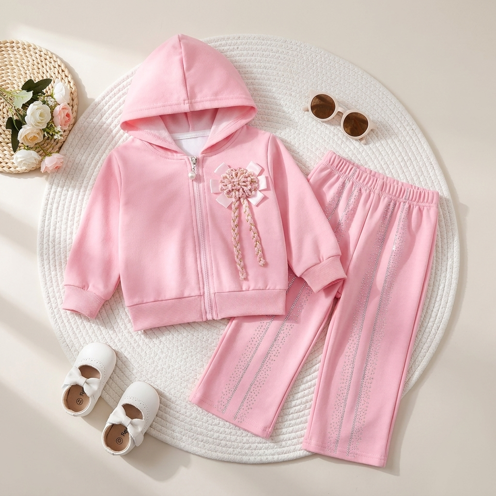 Pink girls hooded zip jacket and matching full-length trouser 2pc suit shown in a styled flat lay, with a flower bow chest applique and delicate striped trouser detailing.