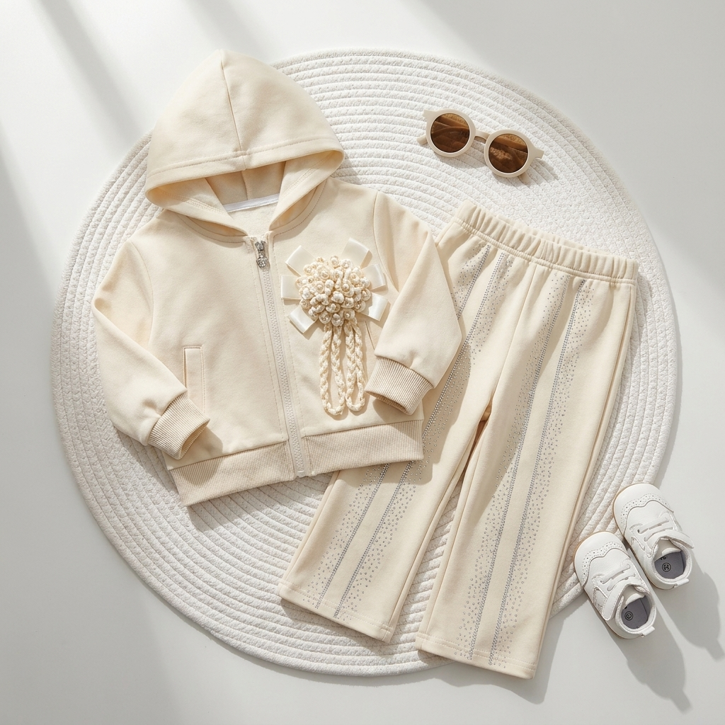White girls hooded zip jacket and matching full-length trouser 2pc suit shown in a flat lay, featuring a large floral bow applique and fine vertical shimmering trouser stripes.