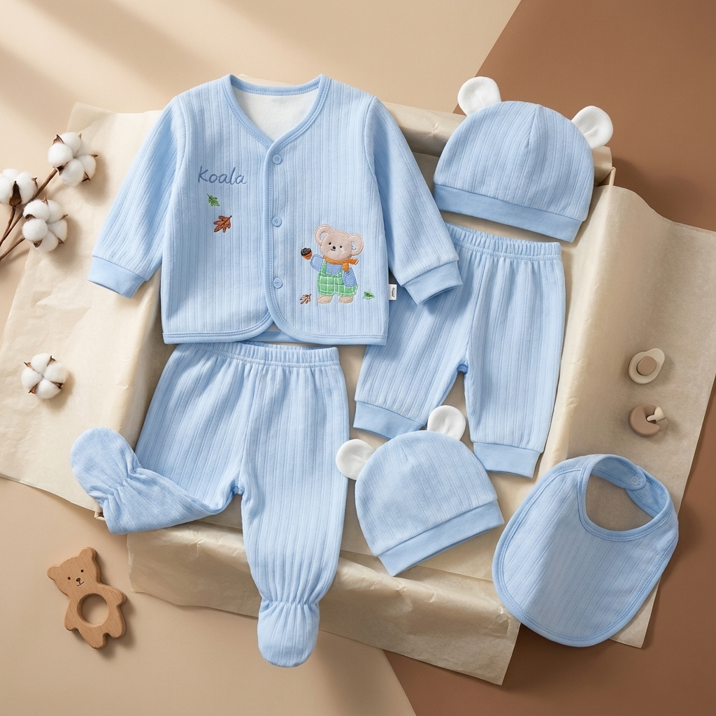 Blue ribbed velvet-look 5-piece baby koala starter set laid out on a neutral backdrop, featuring koala-print button top, two trousers, ear-detail cap and matching bib.