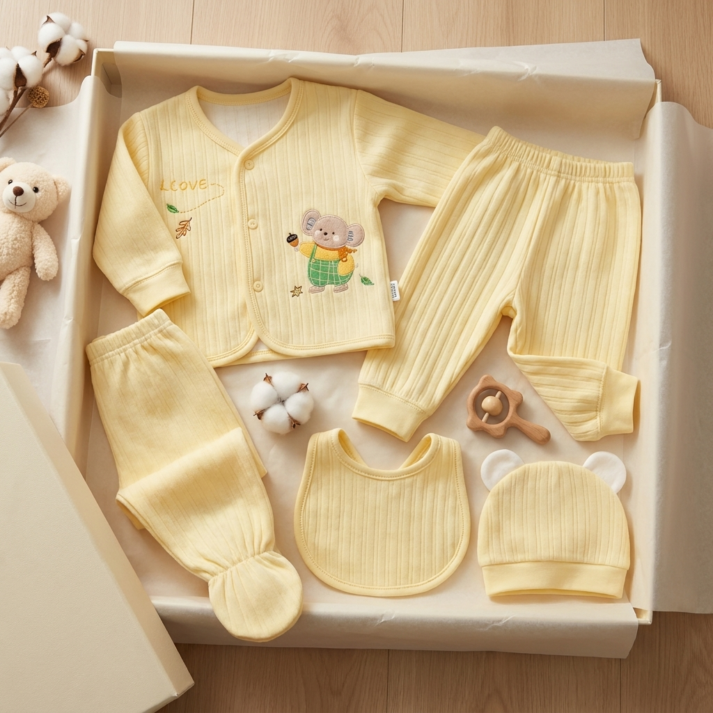 Yellow ribbed velvet-look baby koala 5-piece starter set displayed in an open box, with button-front top, footed trouser, cuffed trouser, bib and bear-ear cap.