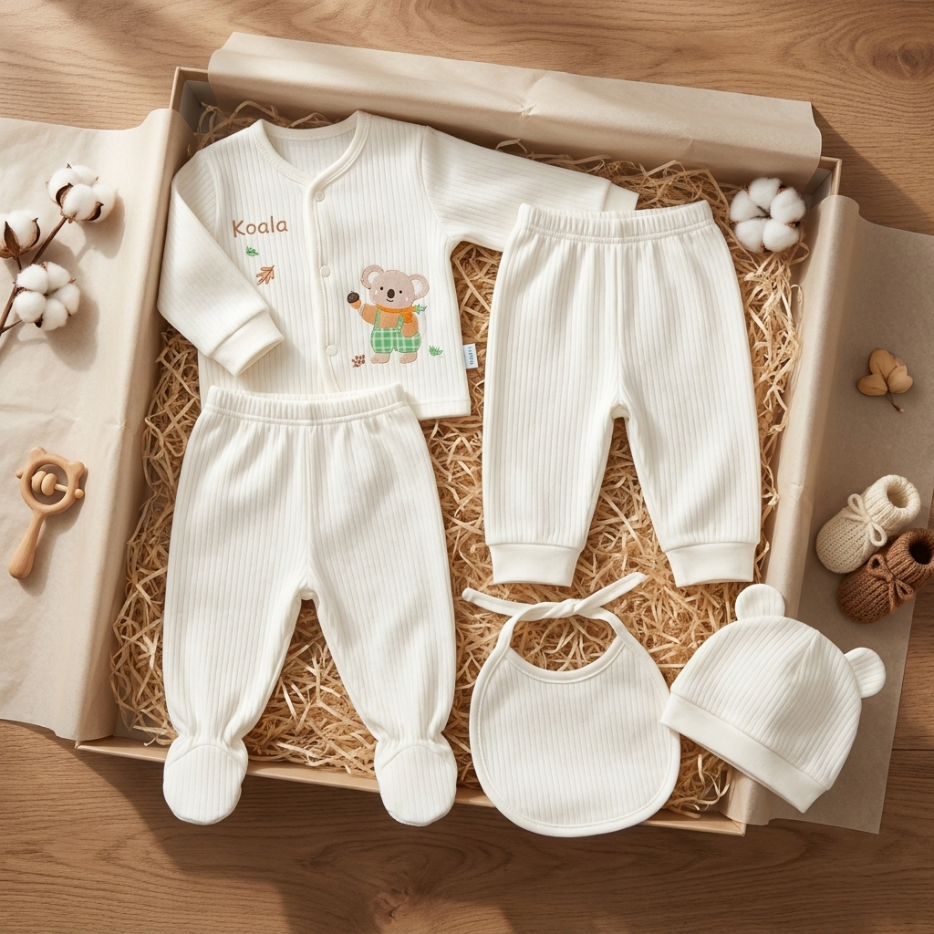 White ribbed velvet-look 5-piece baby koala starter set arranged in a gift box, showing a button-front koala top, two trousers, ear-detail cap and bib.