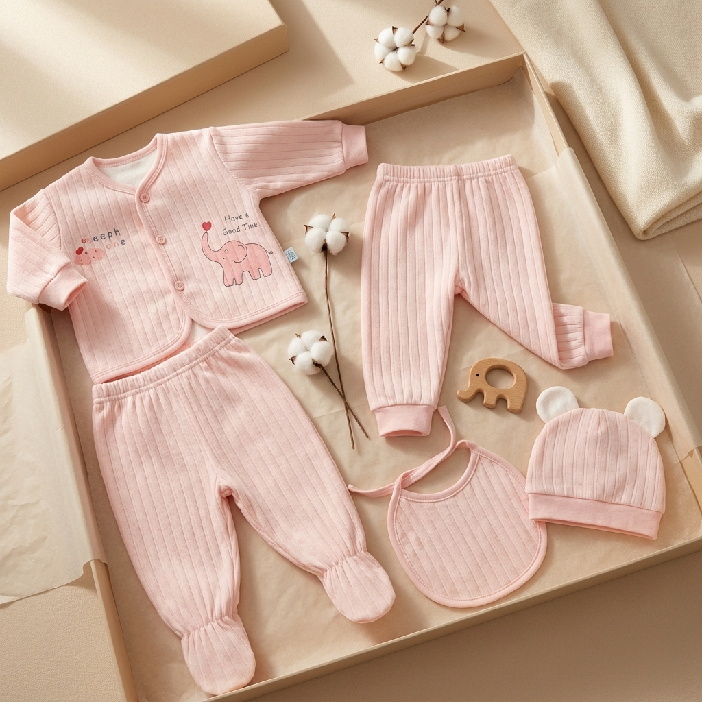 Pastel Pink ribbed velvet baby elephant 5-piece starter set flat lay with matching footed trouser, cuffed regular trouser, ear cap and rounded bib.