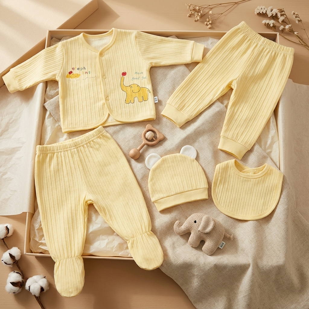 Soft Yellow ribbed velvet baby elephant starter set arranged in a gift box, showing the button-front top, footed trouser, regular trouser, ear cap and bib.