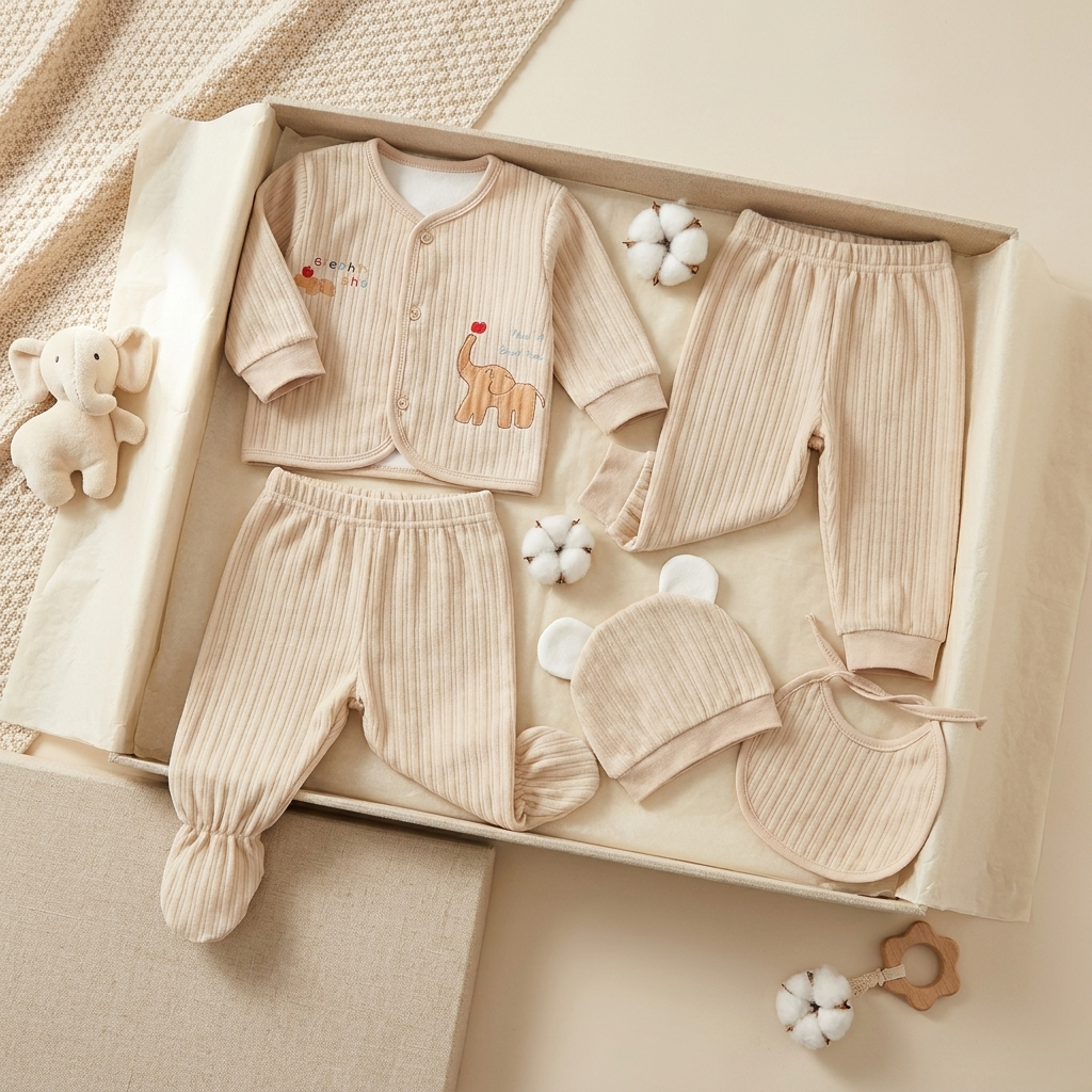 Warm Brown ribbed velvet baby 5-piece starter set overhead flat lay, featuring a small elephant applique on the button-front top and ear-detail cap.