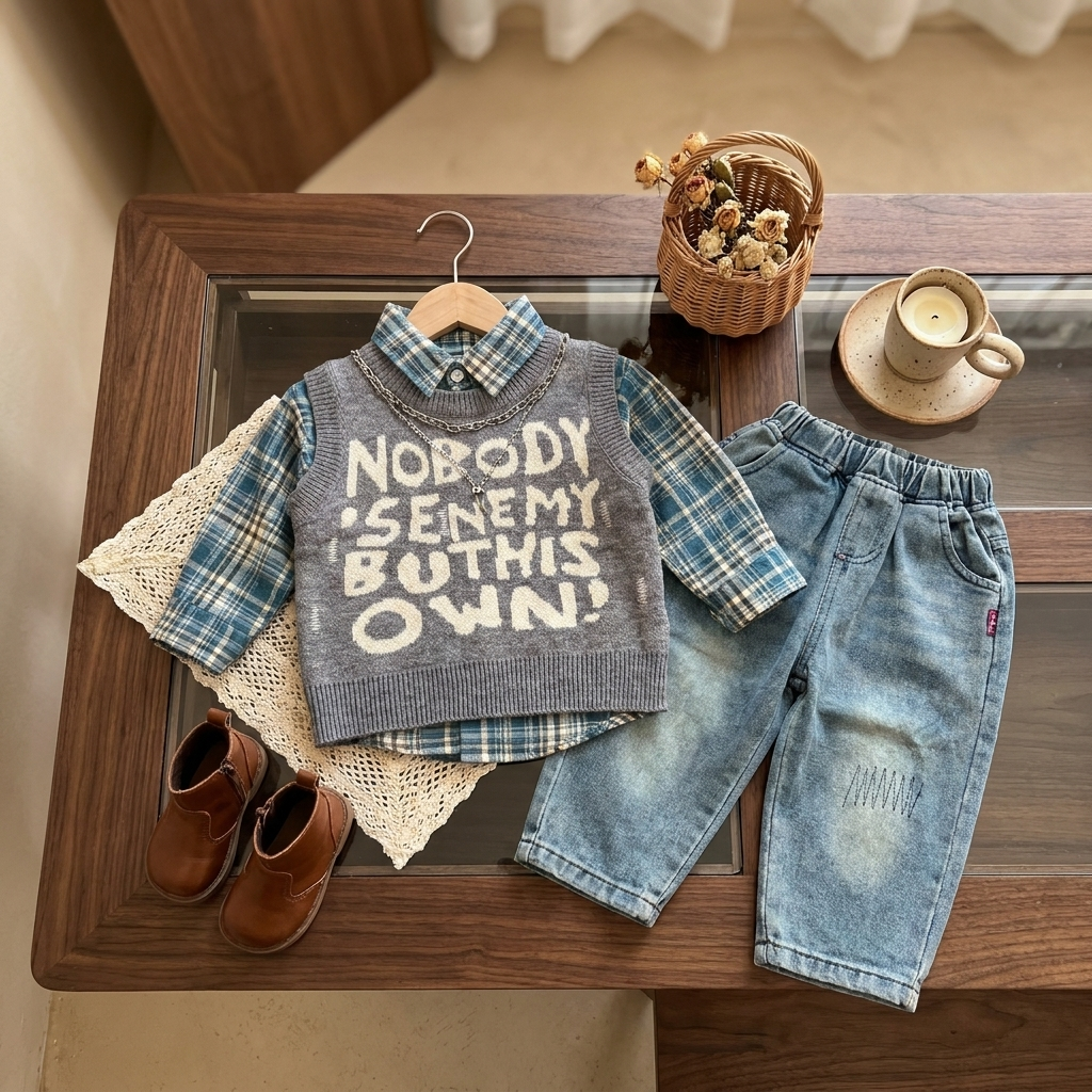 Grey Nobody Enemy slogan knit-look vest with Blue check collared shirt and faded Blue elastic-waist denim-look trousers, overhead flat lay.