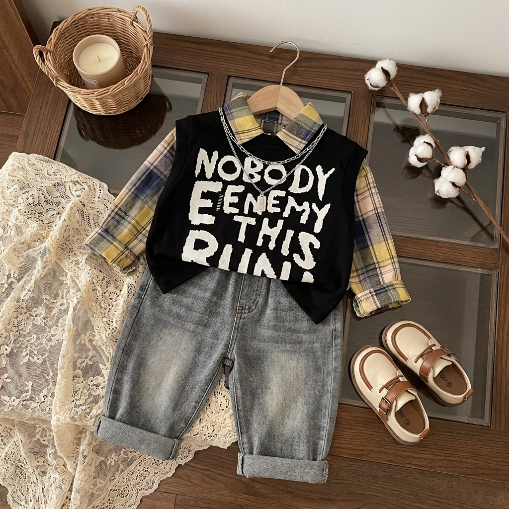 Black Nobody Enemy slogan knit-look vest layered over a Yellow and Grey check shirt with washed Grey cuffed denim-look trousers, flat lay.