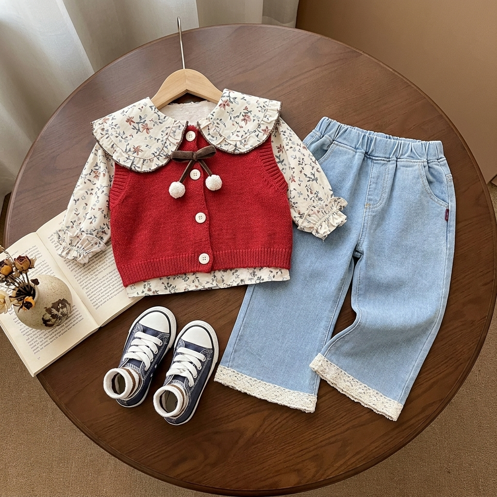 Red girls knit-look sweater suit laid flat, showing a floral ruffle-collar shirt, pom-pom bow sweater and light Blue lace-hem denim-look pants.