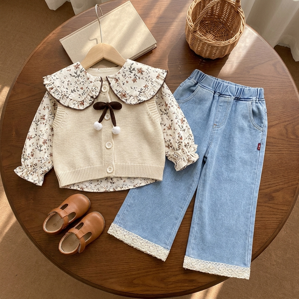 Beige girls button-front knit-look sweater suit laid flat with floral ruffle-collar shirt, Brown pom-pom bow and light Blue wide-leg denim-look pants.