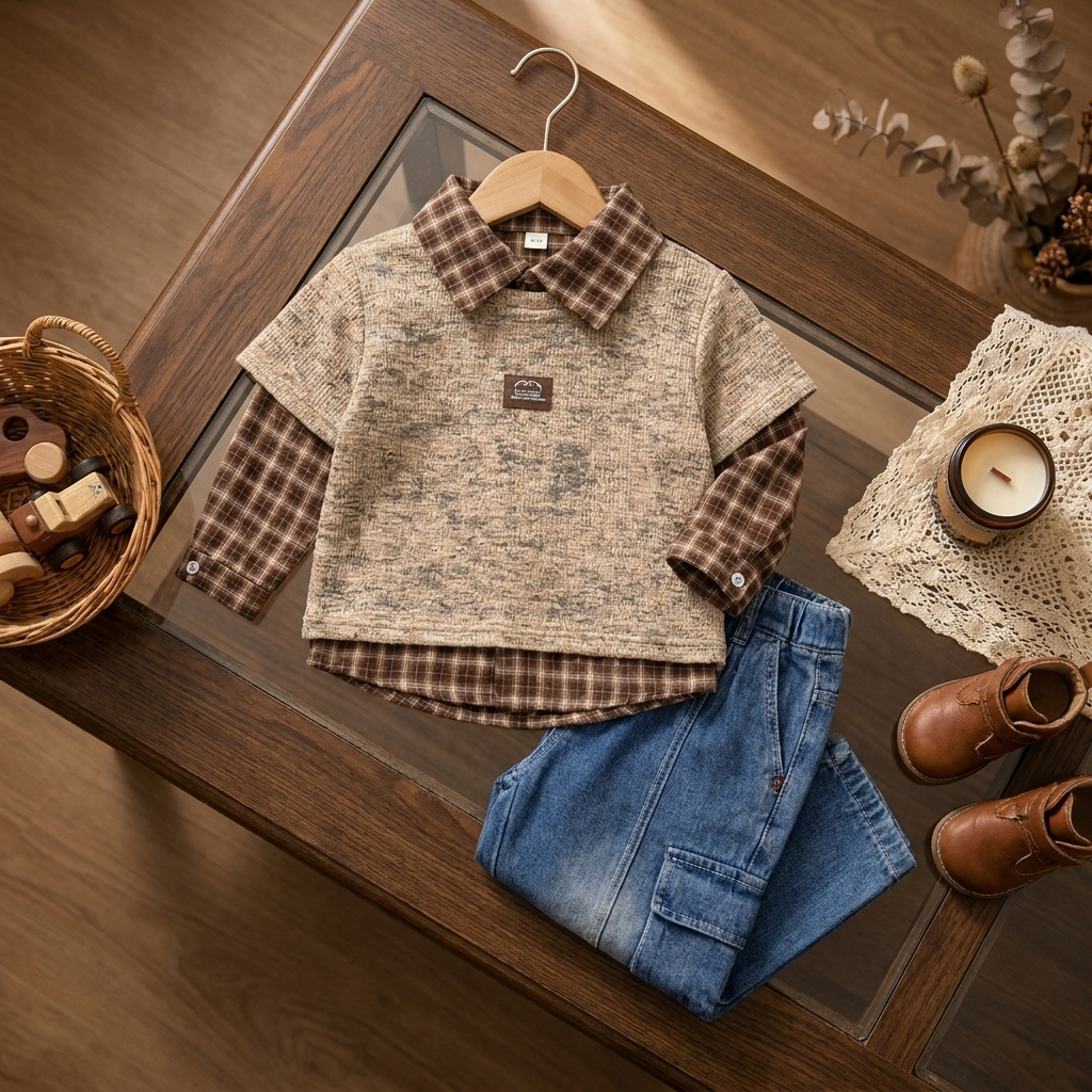 Boys Check Shirt, Knit Sweater & Cargo Baggy Pant 3PC Set