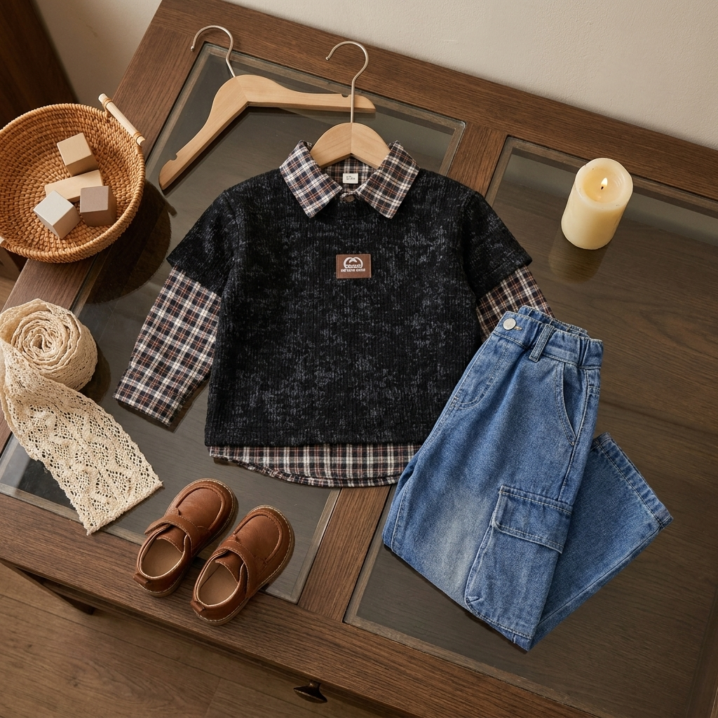 Boys Check Shirt, Knit Sweater & Cargo Baggy Pant 3PC Set