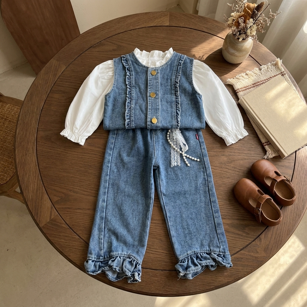 Flat lay of girls Blue denim-look waistcoat, White ruffle-neck puff-sleeve blouse and matching ruffle-hem pants showing gold-tone buttons and dangling bead detail.