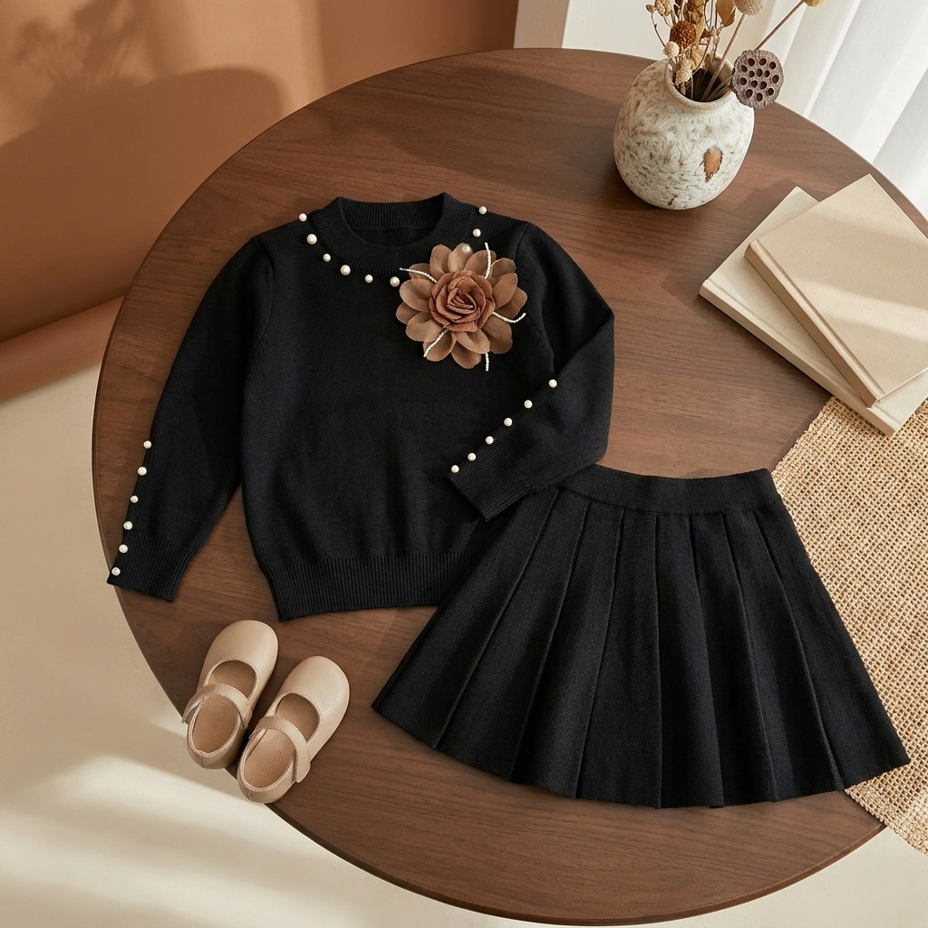 Black pearl-detail knit-look sweater with layered brown flower applique and matching Black pleated skirt in a flat-lay presentation.