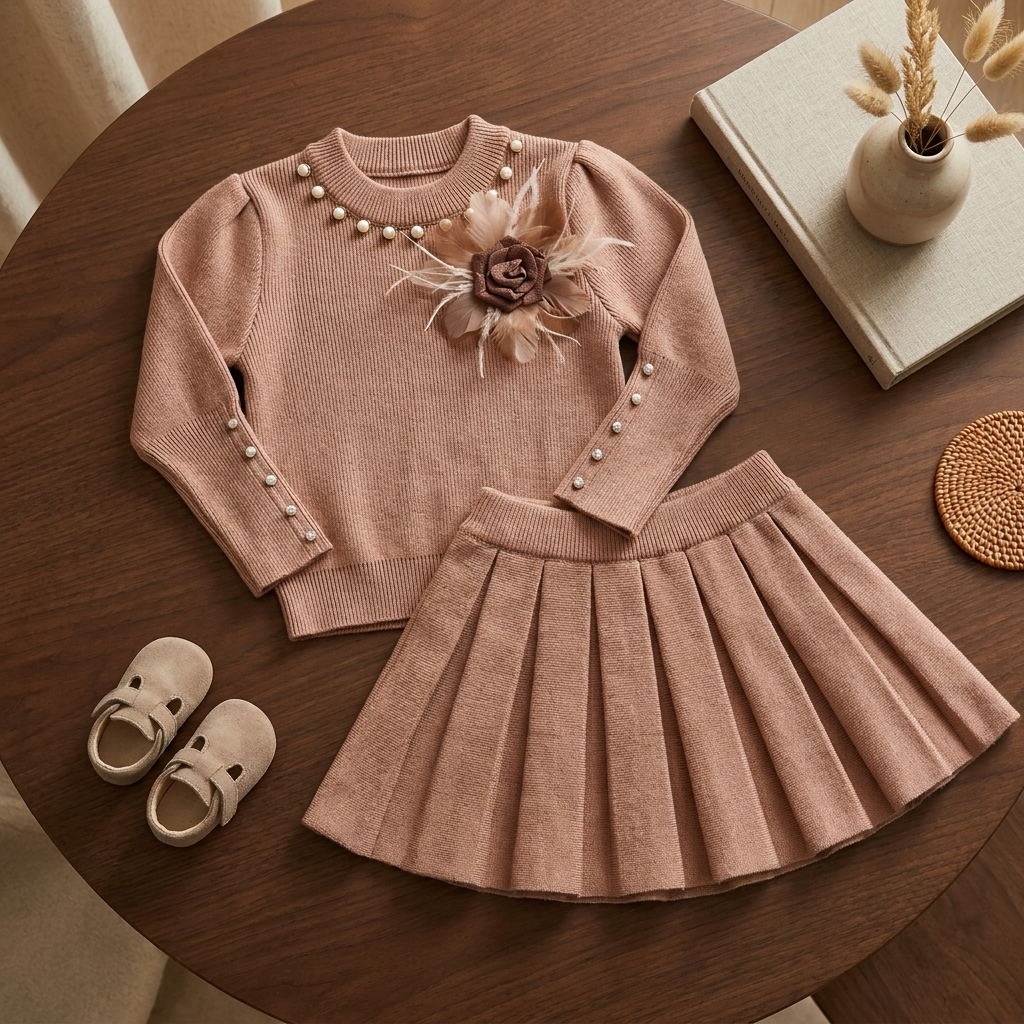 Dusty Brown pearl-detail knit-look sweater with feather-trim flower applique and matching pleated skirt, shown flat on a wooden table.