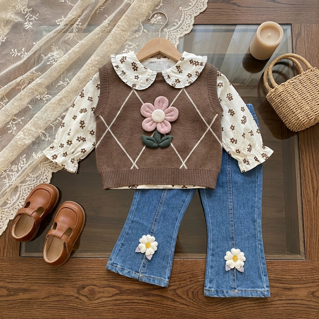 Flat-lay of girls Brown diamond-pattern knit-look vest with raised Pink flower applique, floral-collar shirt and Blue flower-applique flared denim-look pants.