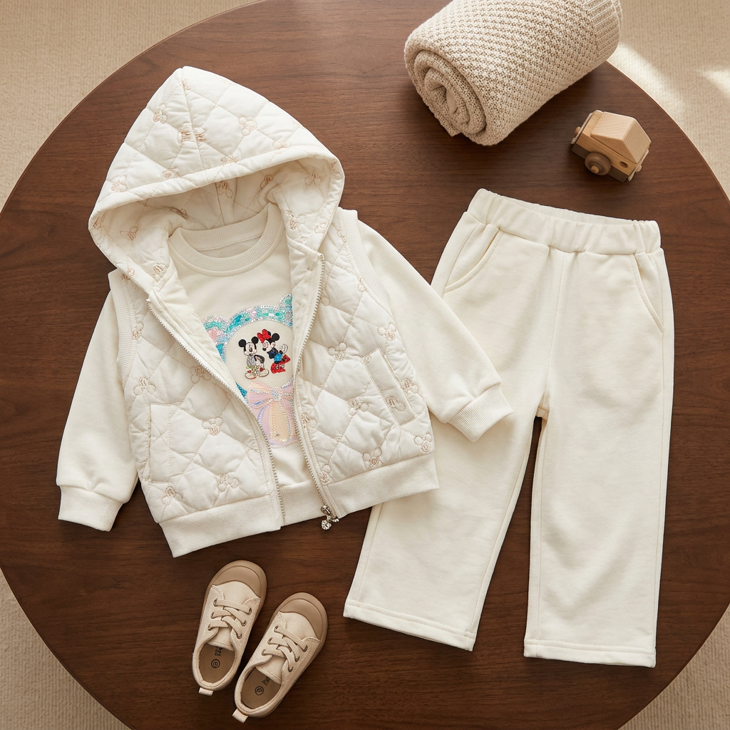 Girls Quilted Hooded Jacket, Shirt & Trouser 3PC Set