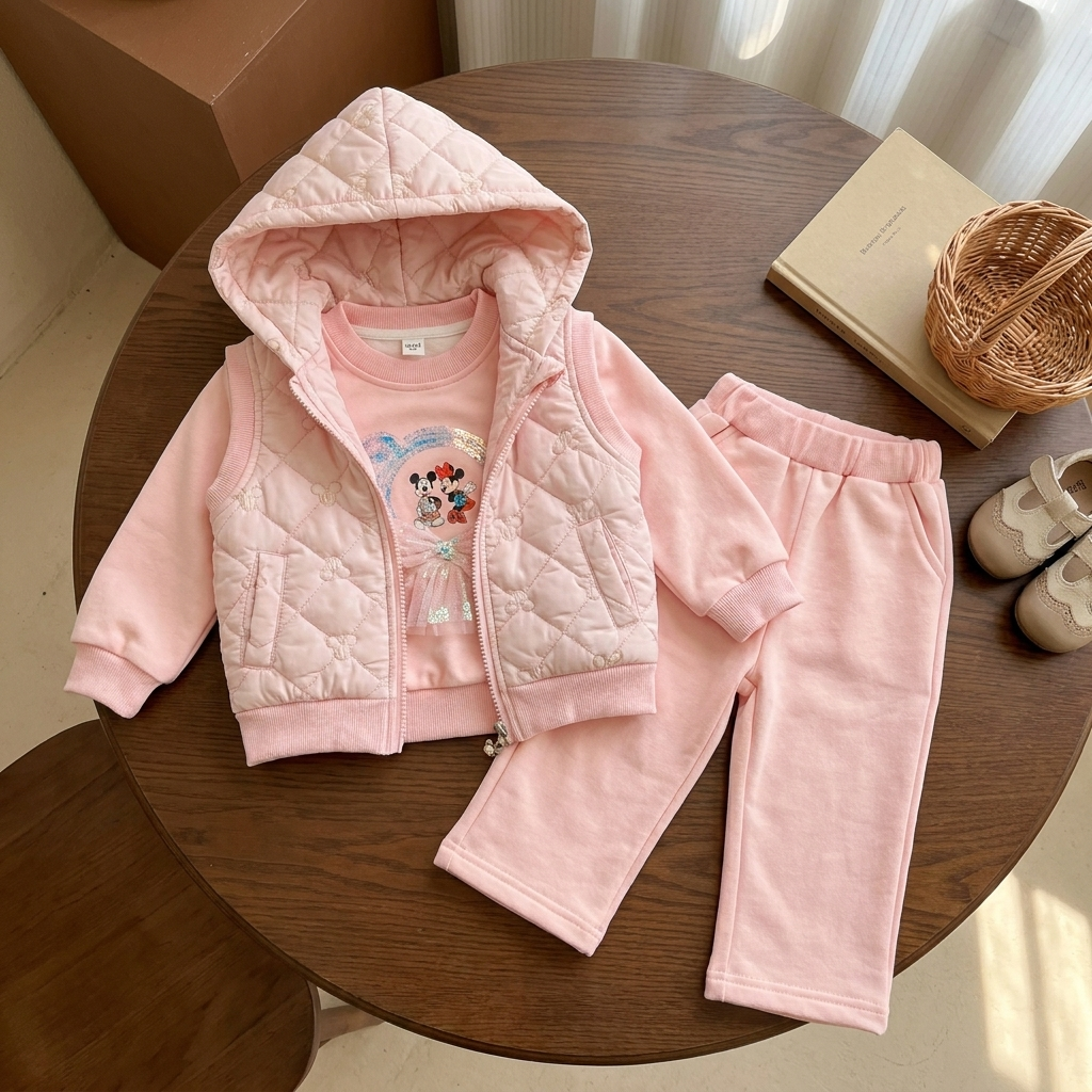 Girls Quilted Hooded Jacket, Shirt & Trouser 3PC Set