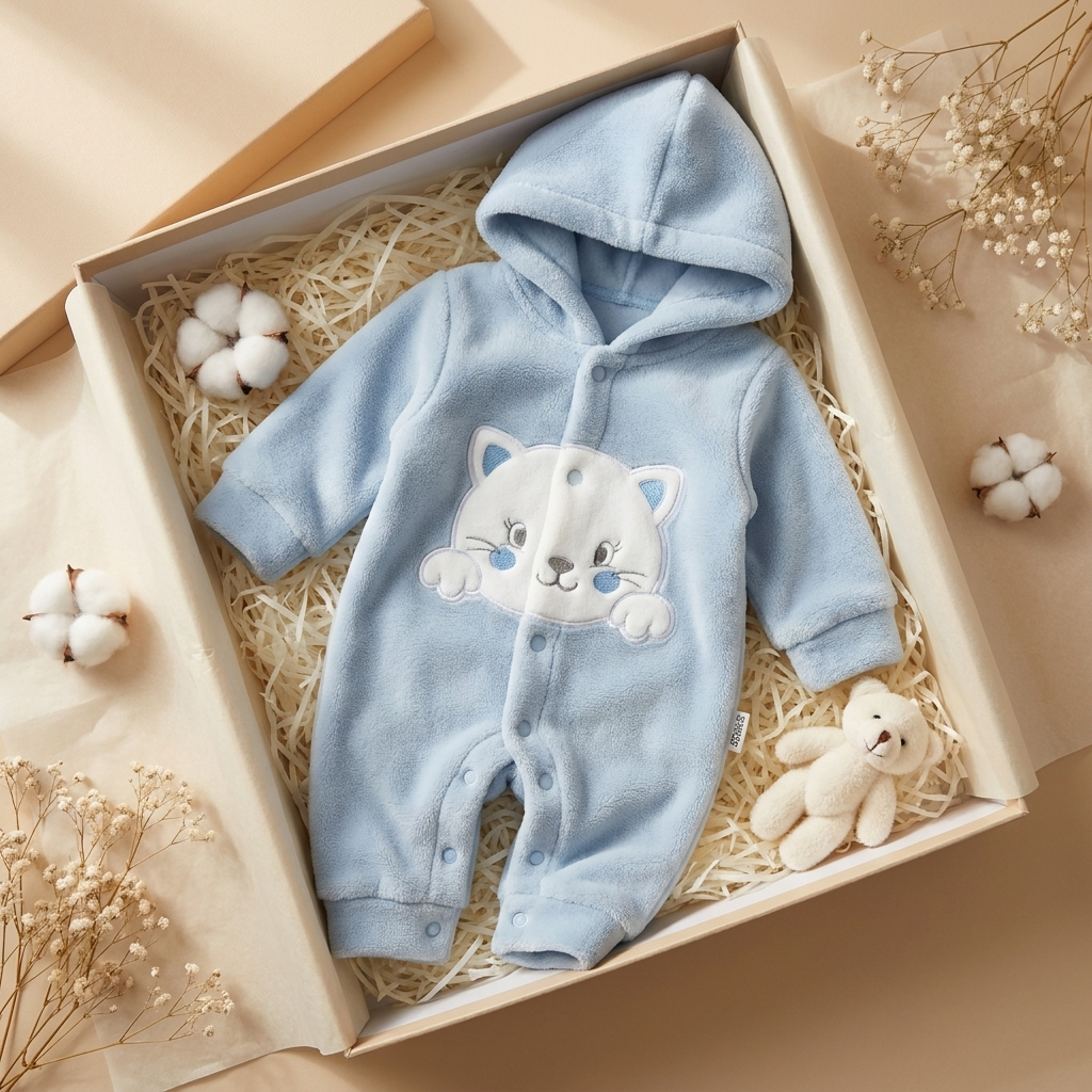 Blue kitty hooded fleece romper displayed flat inside a gift box, showing the raised white cat-face applique and full snap-button front.