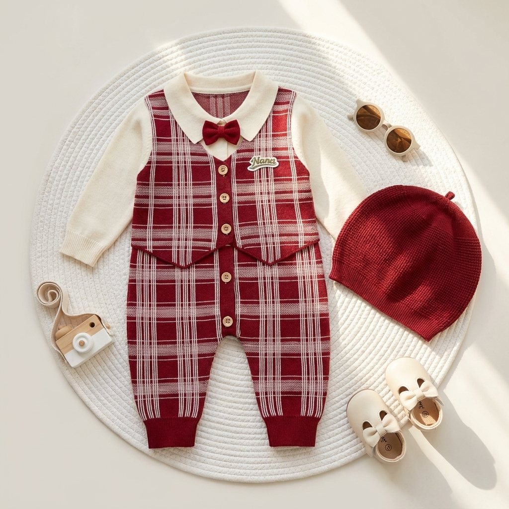 Flat lay of the Maroon plaid baby waistcoat-style romper with Cream sleeves, Maroon bow tie and matching Maroon cap.