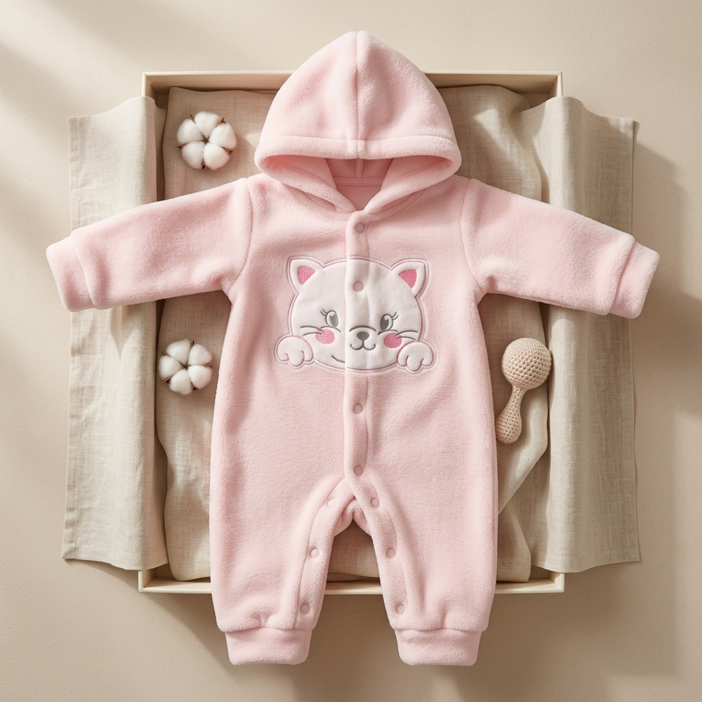 Pink kitty hooded fleece romper displayed flat in a presentation box, featuring an attached hood, long sleeves, cuffed ankles and cat applique.