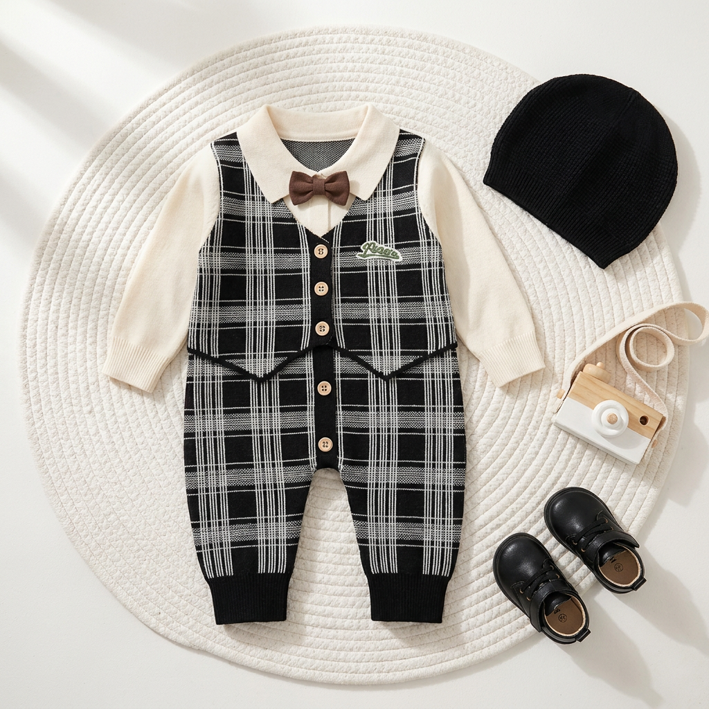 Flat lay of the Black baby plaid waistcoat-style romper with Cream collar, bow tie, button front and matching Black cap.