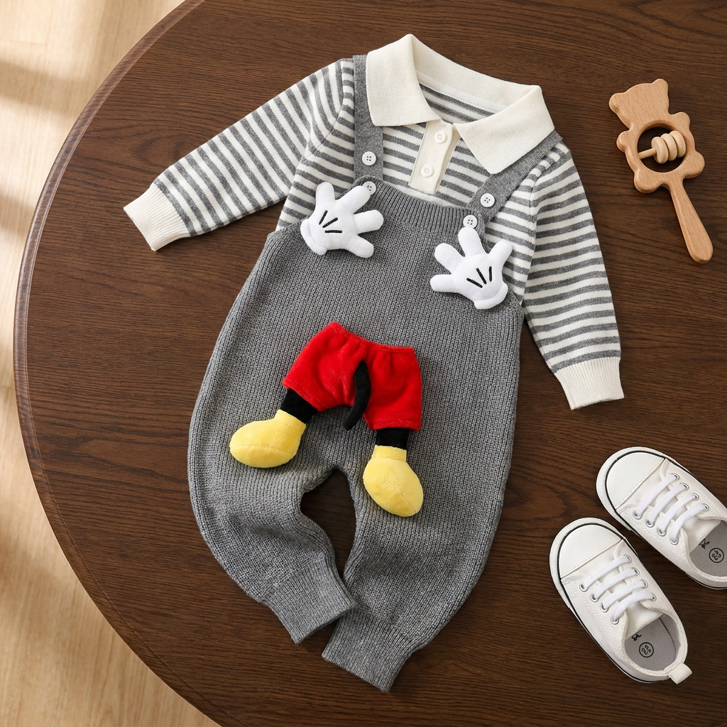 Grey knit-look dungaree set displayed flat on a wooden table, featuring a Grey striped collared shirt, glove appliques and colourful raised front detail.