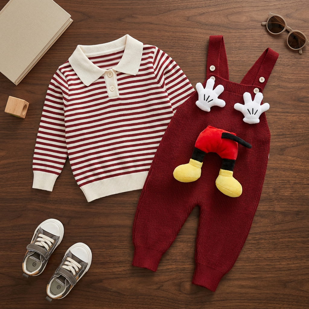 Maroon knit-look dungaree with a Cream and Maroon striped collared shirt displayed in flat-lay, highlighting the raised glove and colourful front appliques.