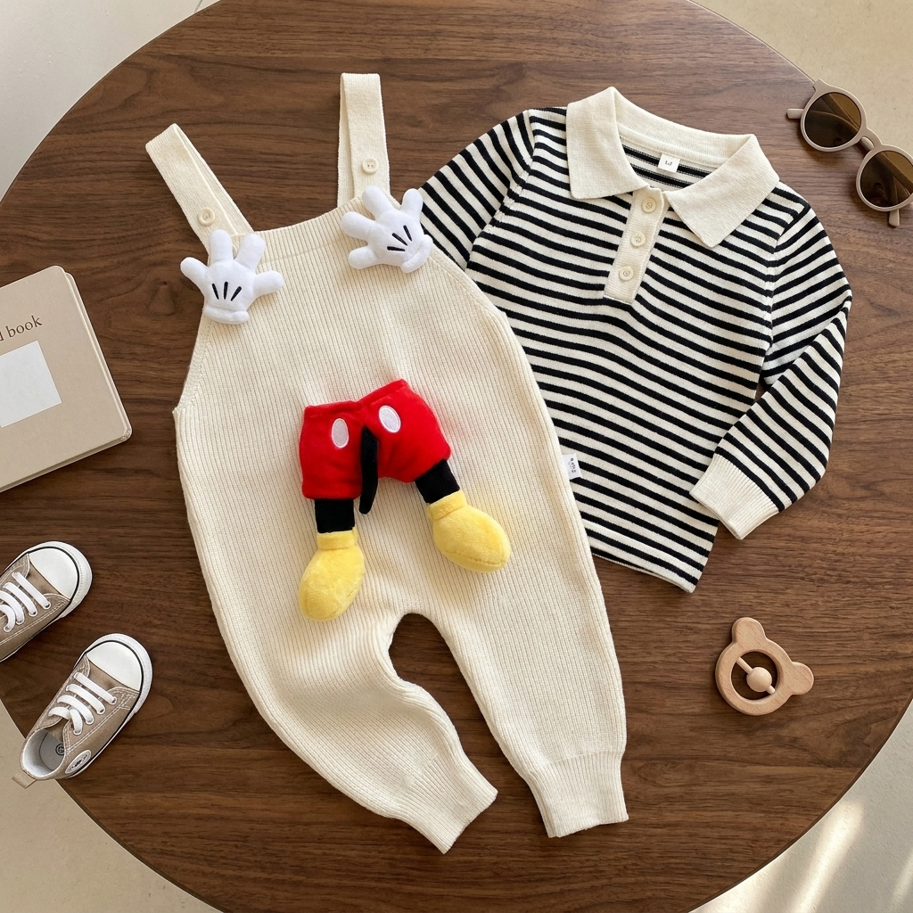 White knit-look dungaree and Black striped long-sleeve collared shirt shown separately in a flat-lay, with button straps and playful glove appliques.