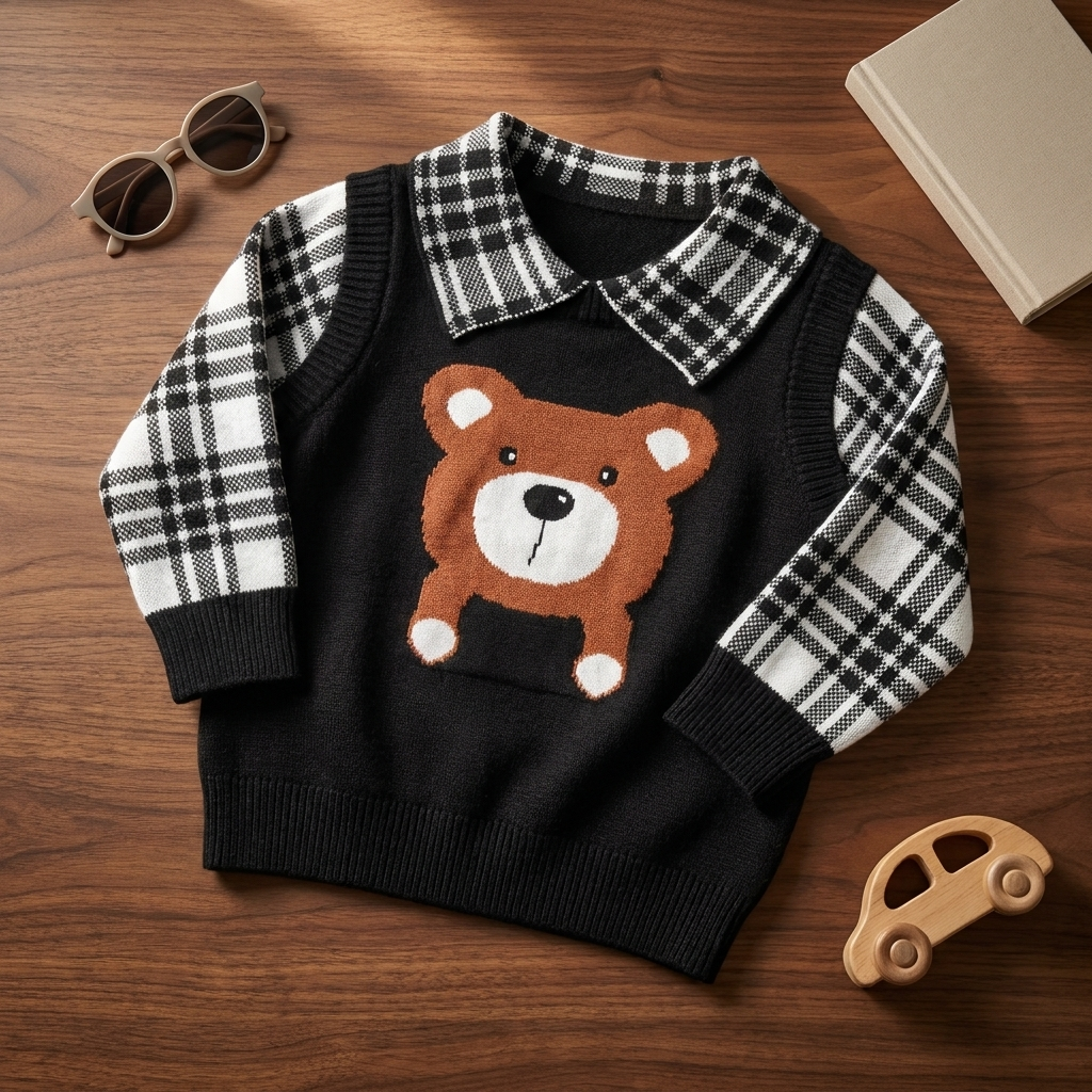Black baby bear check collar knit-look sweater laid flat on a wooden surface, featuring Black and Cream check sleeves and a large Brown teddy bear applique.