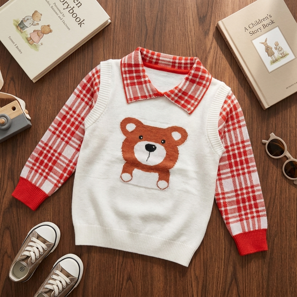 Orange and Cream baby bear check collar knit-look sweater laid flat on a wooden surface, showing the teddy bear front applique and Orange check sleeves.