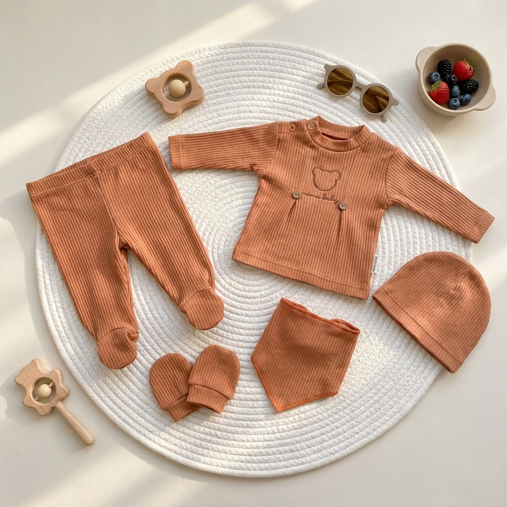 Flat-lay of the Brown ribbed cotton 5-piece baby starter set showing the bear-detail long-sleeve top, footed trousers, cap, mittens and matching bib.