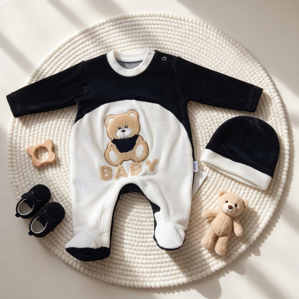 Baby Teddy Velvet Romper & Cap 2PC Set