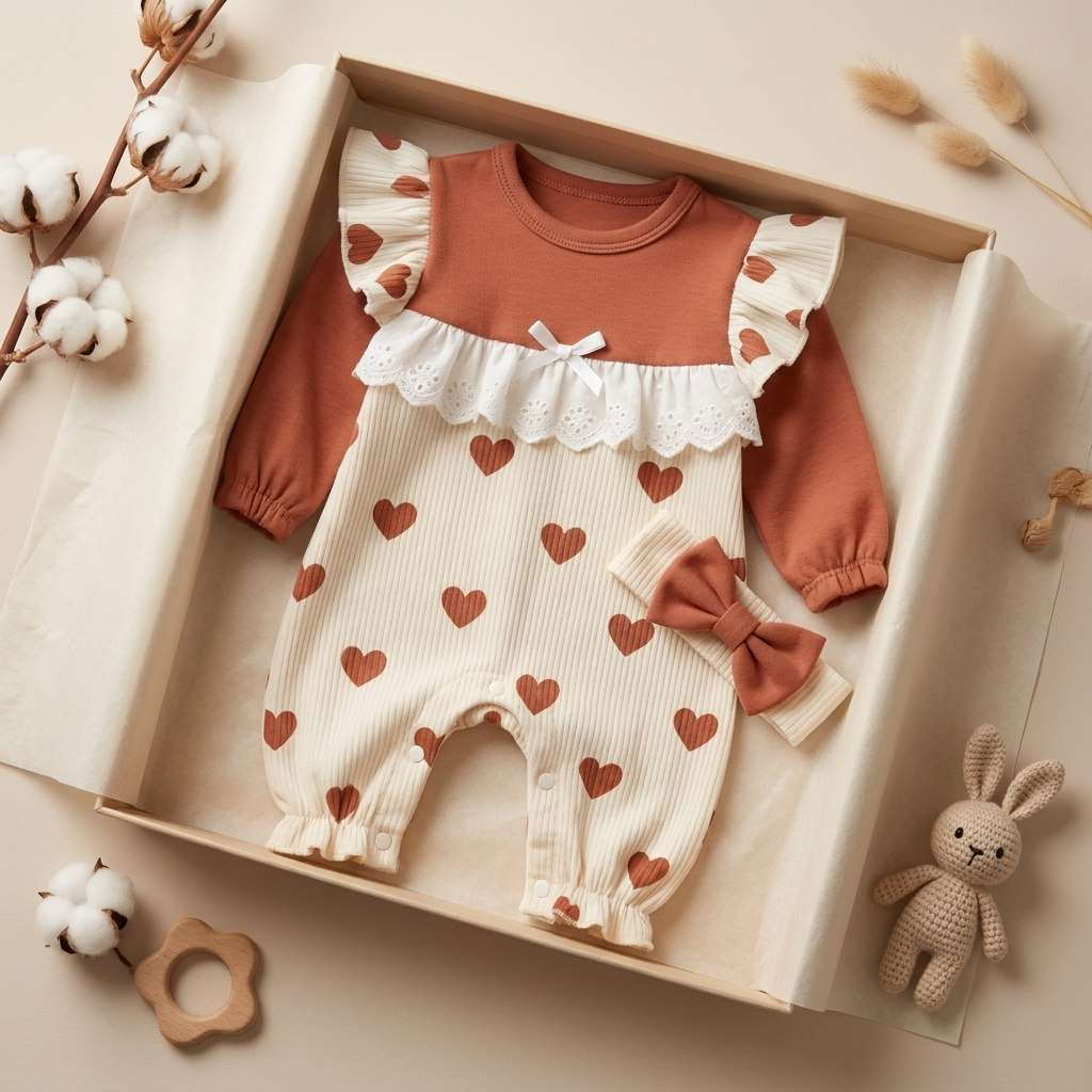 Baby Heart Ruffle Romper & Headband 2PC Set