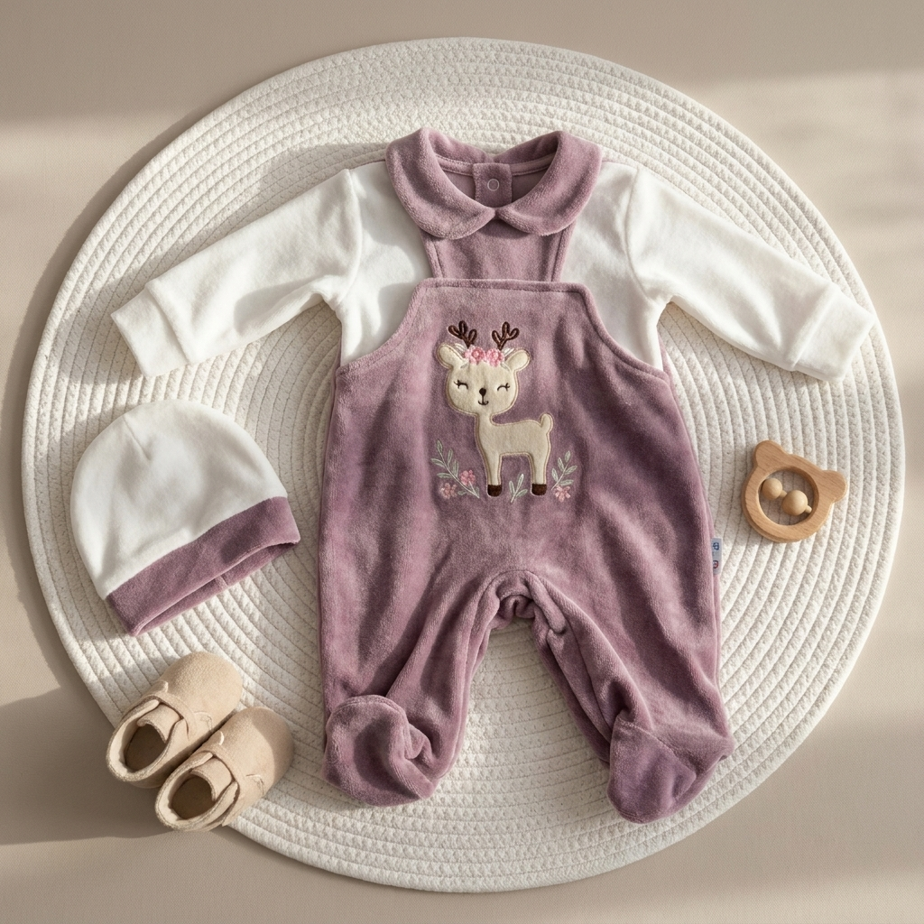 Baby Deer Velvet Dungaree Romper & Cap 2PC Set