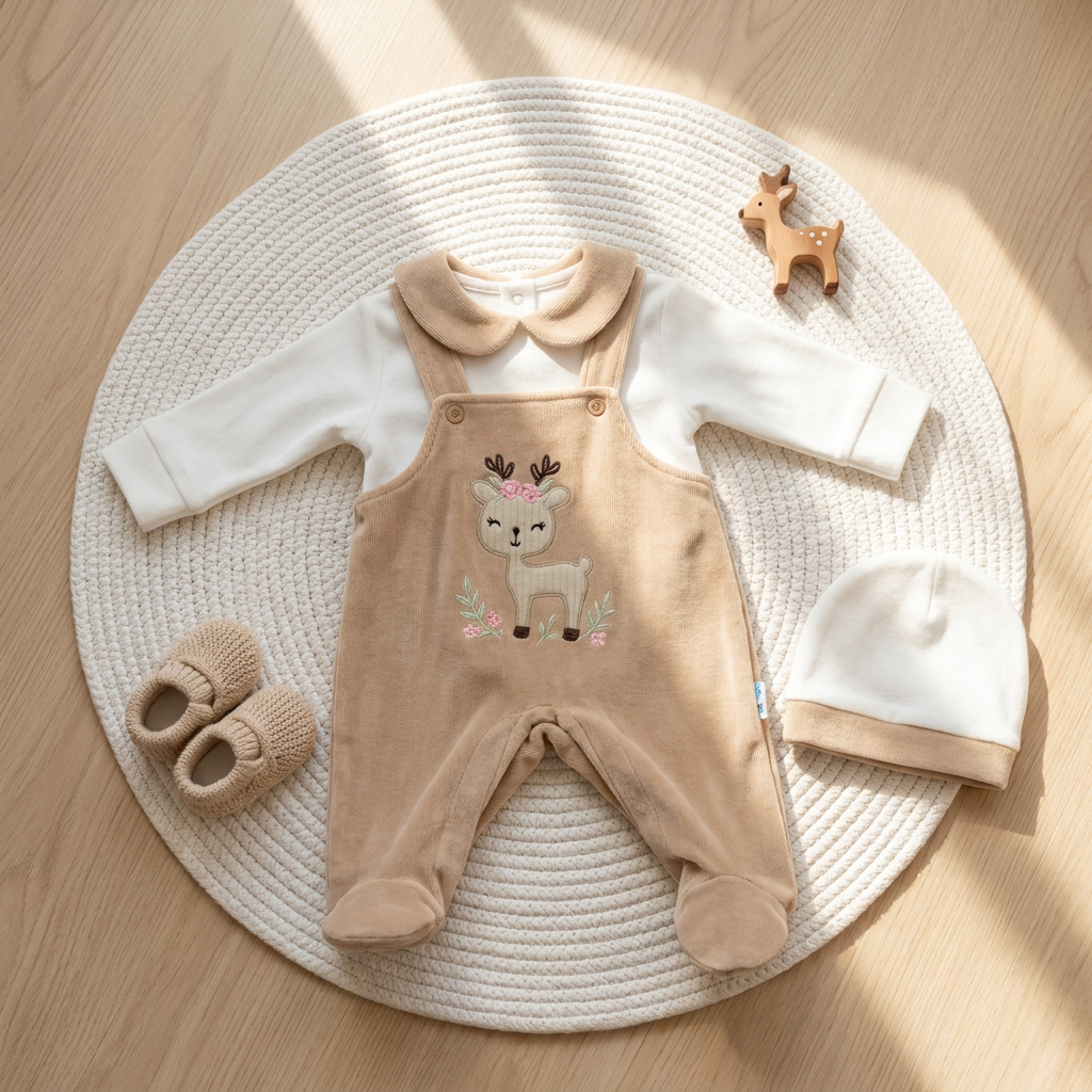 Baby Deer Velvet Dungaree Romper & Cap 2PC Set