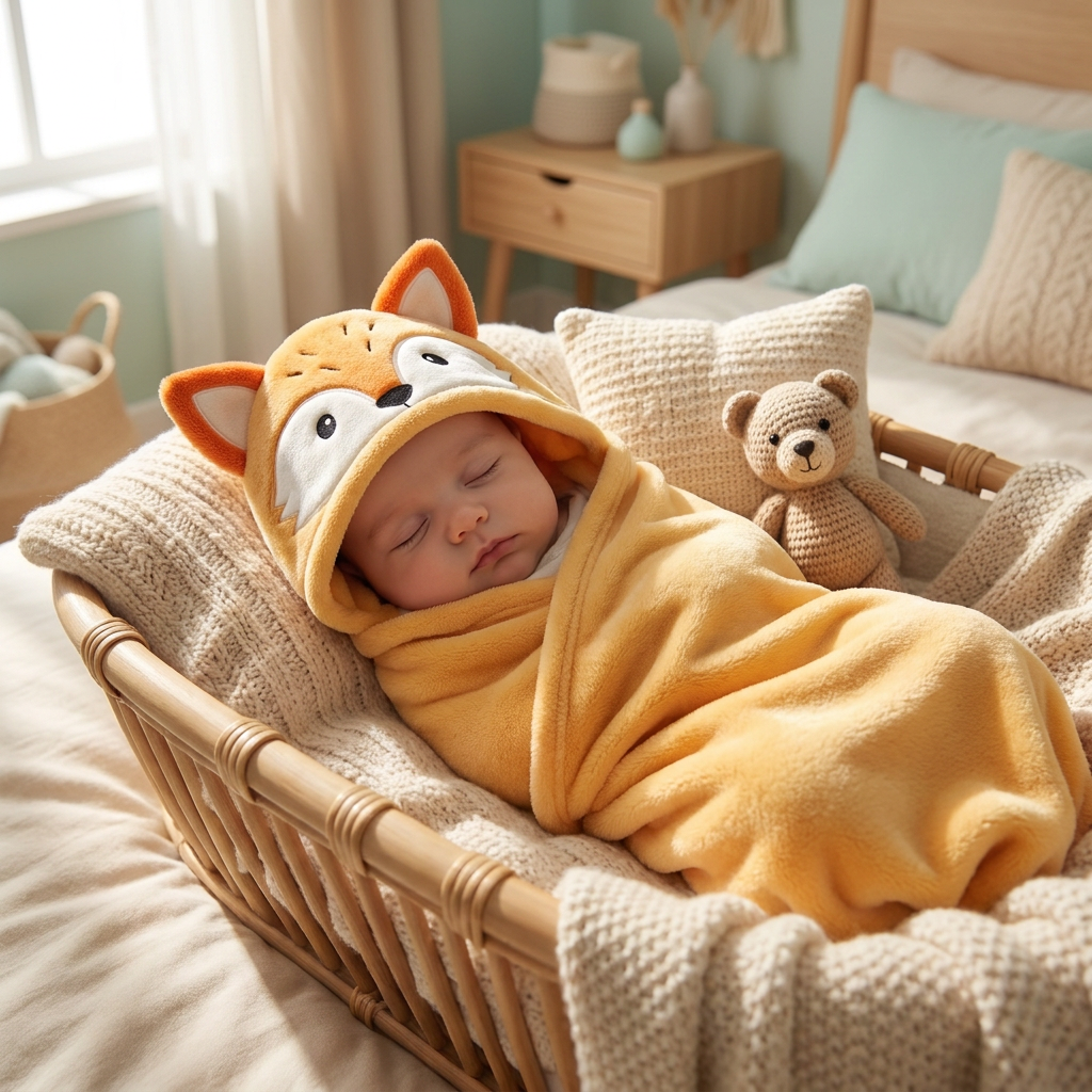 Sleeping newborn in an Orange fox character hooded swaddle shawl in a wicker bassinet, with pointed ears and a White fox-face panel