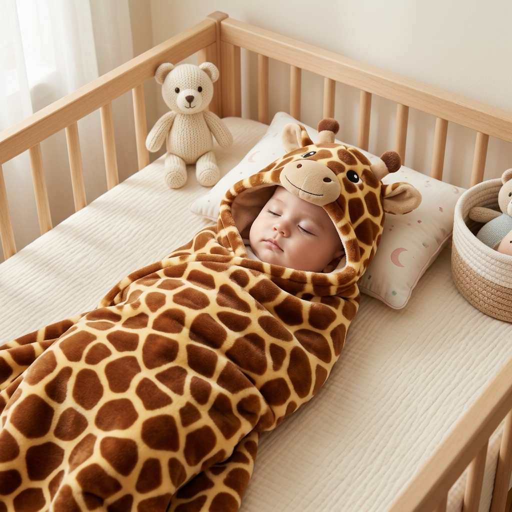 Sleeping baby in a Brown giraffe-print hooded swaddle shawl inside a wooden cot, showing the giraffe face, ears and small horn details