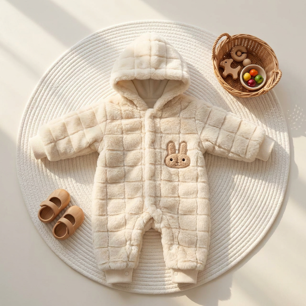 Beige-toned bunny grid shaggy hooded baby romper displayed flat on a round rug, showing the attached hood, centre-front zip and textured full-length legs.