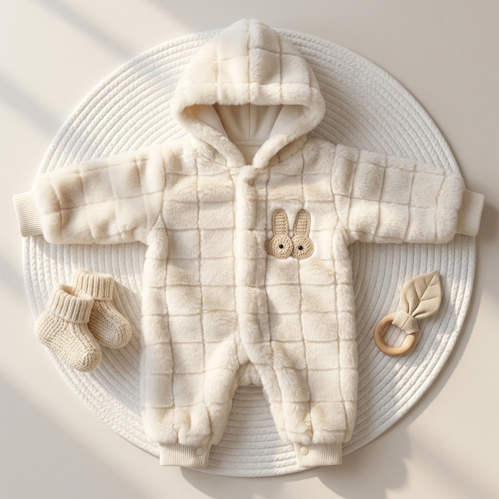 Cream and Beige baby bunny shaggy hooded romper shown in a flat lay, with square plush texture, long sleeves, ankle cuffs and bunny-face chest detail.