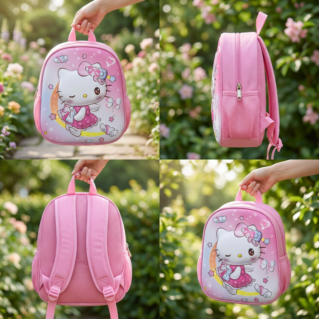 Pink kids shell backpack collage showing kitty front artwork with bow and star details, side zip pocket and padded adjustable back straps.
